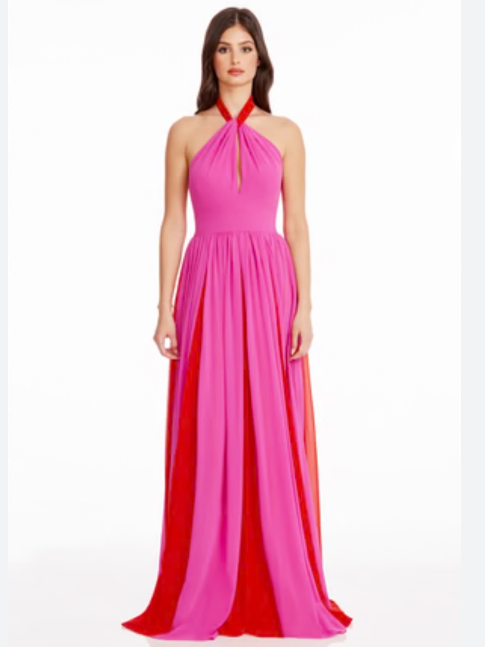 Dress the Population Two-Tone Halter Maxi Gown in Hot Pink and Red